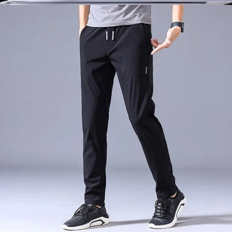 Men's Khaki drawstring trousers with loose straight leg and elastic waist, Korean casual style