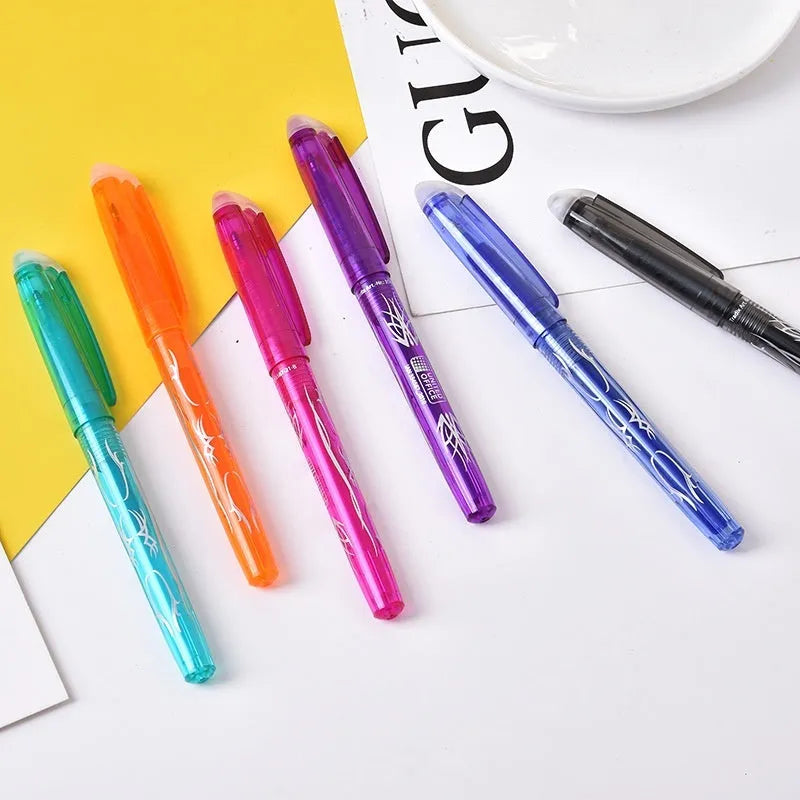 Heat-erasable gel pen set with plastic shells and stainless steel nibs in multiple colours