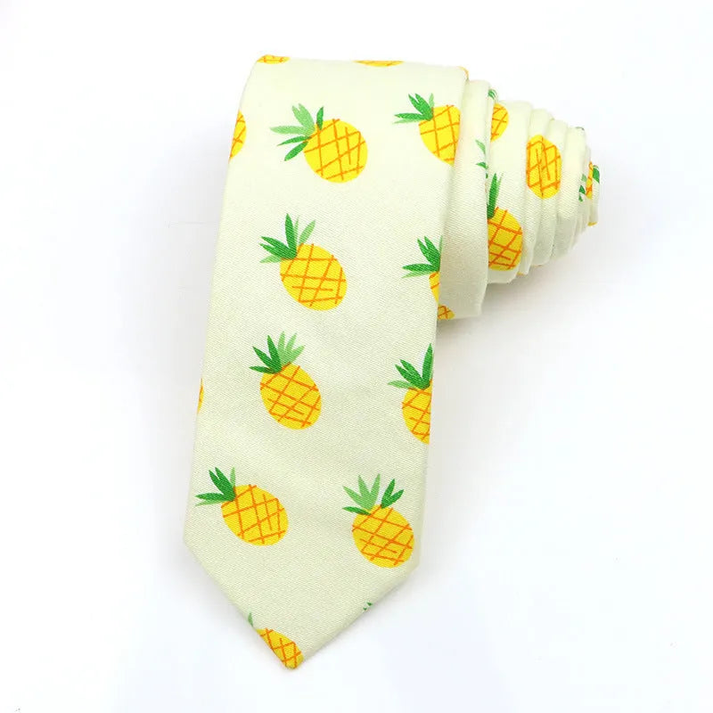 Narrow Korean-style cotton bow tie with a printed cartoon pattern.