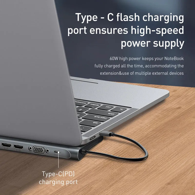 Grey ten-port hub docking station with cooling bracket showing HDMI, VGA, and USB ports