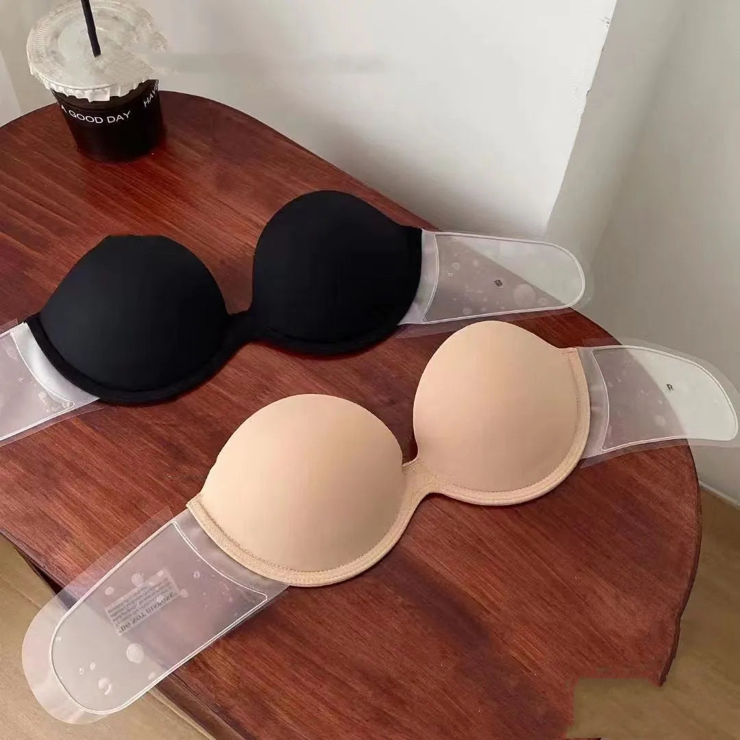 Strapless backless push-up bra with non-slip chest paste in skin colour and black, sizes A-D