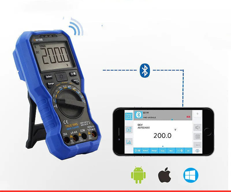 Handheld digital multimeter with NCV non-contact voltage sensor and temperature measurement display