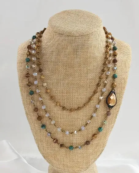 Handmade bohemian multi-layer necklace with natural stone and glass drop-shaped beads in blue-green colour