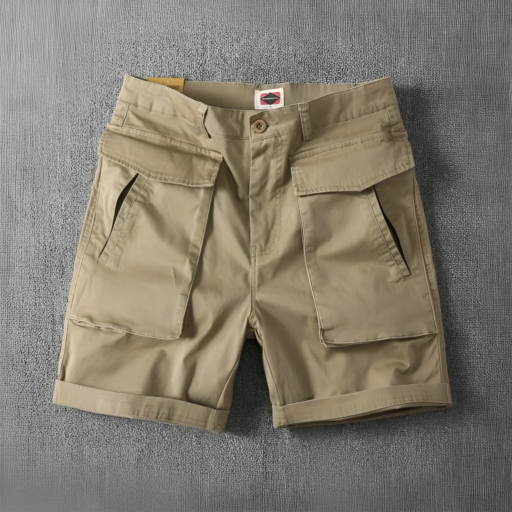Men's straight-leg cotton cargo shorts in khaki with multiple pockets and micro-elastic stretch.