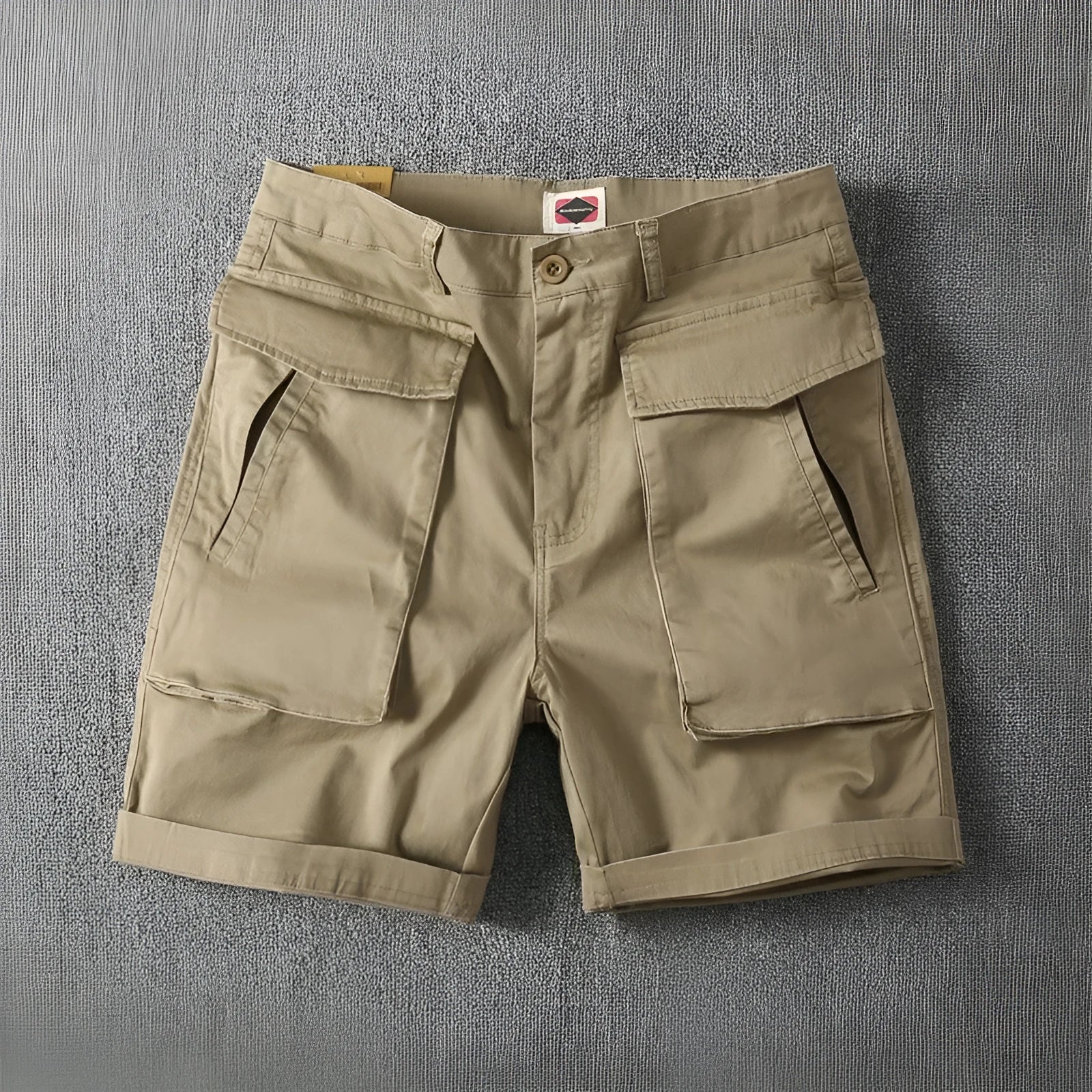 Men's straight-leg cotton cargo shorts in khaki with multiple pockets and micro-elastic stretch.