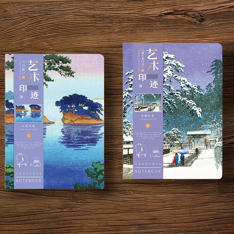Ukiyo-e Kanagawa surfing village retro hand ledger notebook open on a desk.