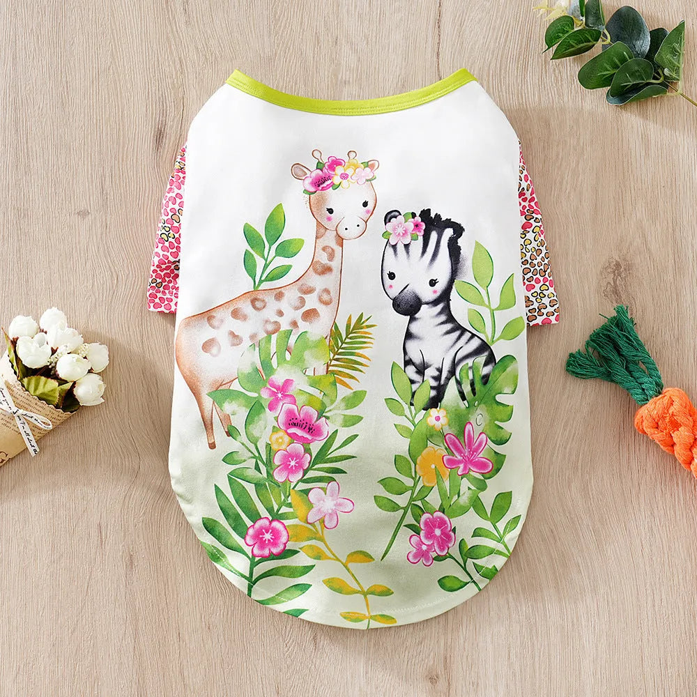 Printed polyester dog t-shirt for small dogs showing colourful design with size options S to XXL