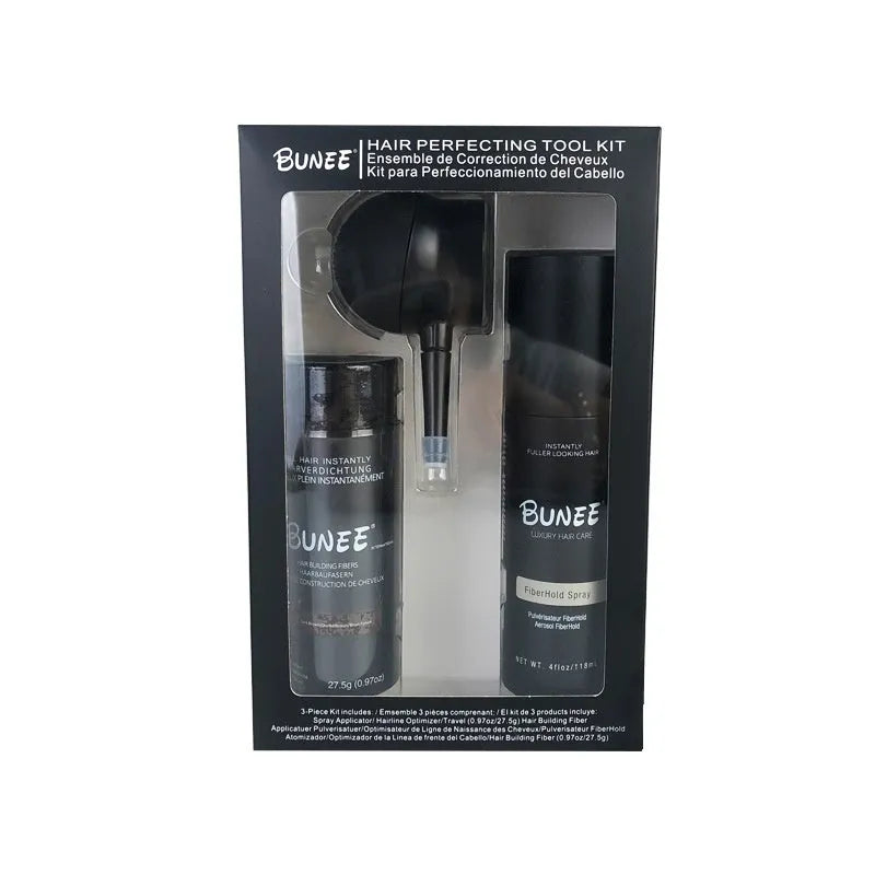 Box of dense hair fibre powder 275g with shaping spray and applicator nozzle for thinning hair coverage