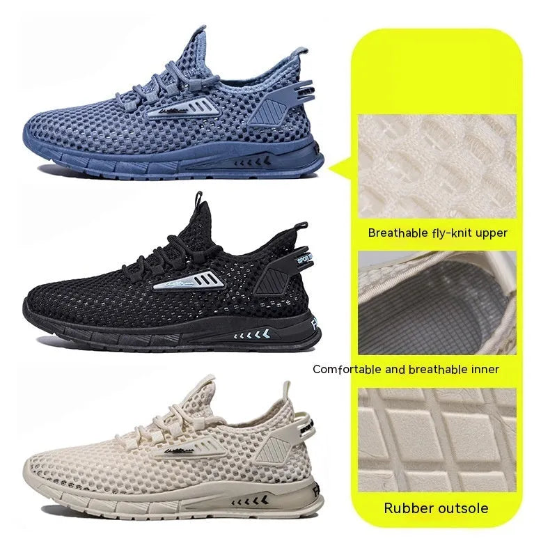Men's beige casual sneakers with mesh lining and lace-up front on a white background