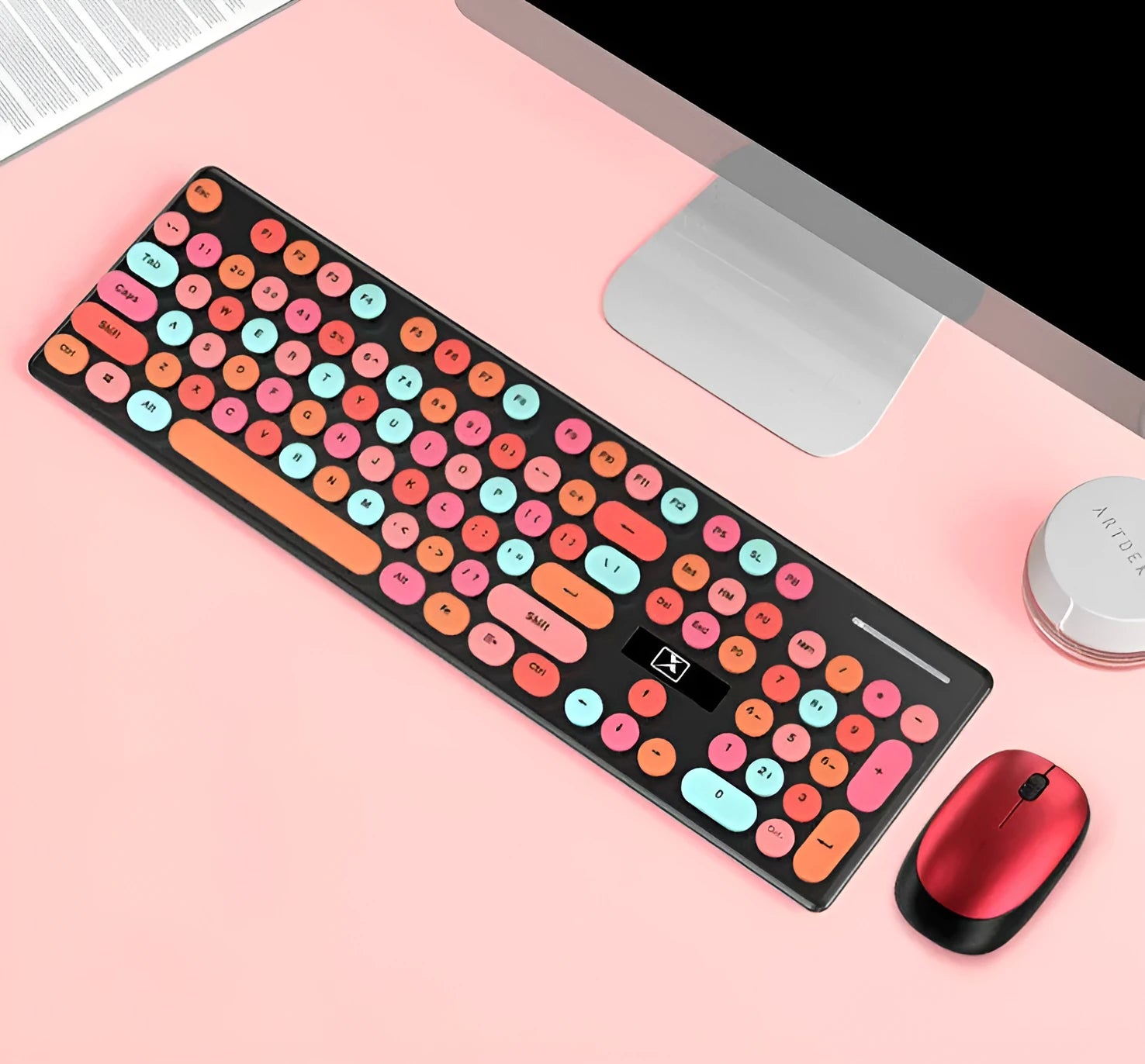 Yellow wireless punk manipulator keyboard and mouse set with backlight on dark surface