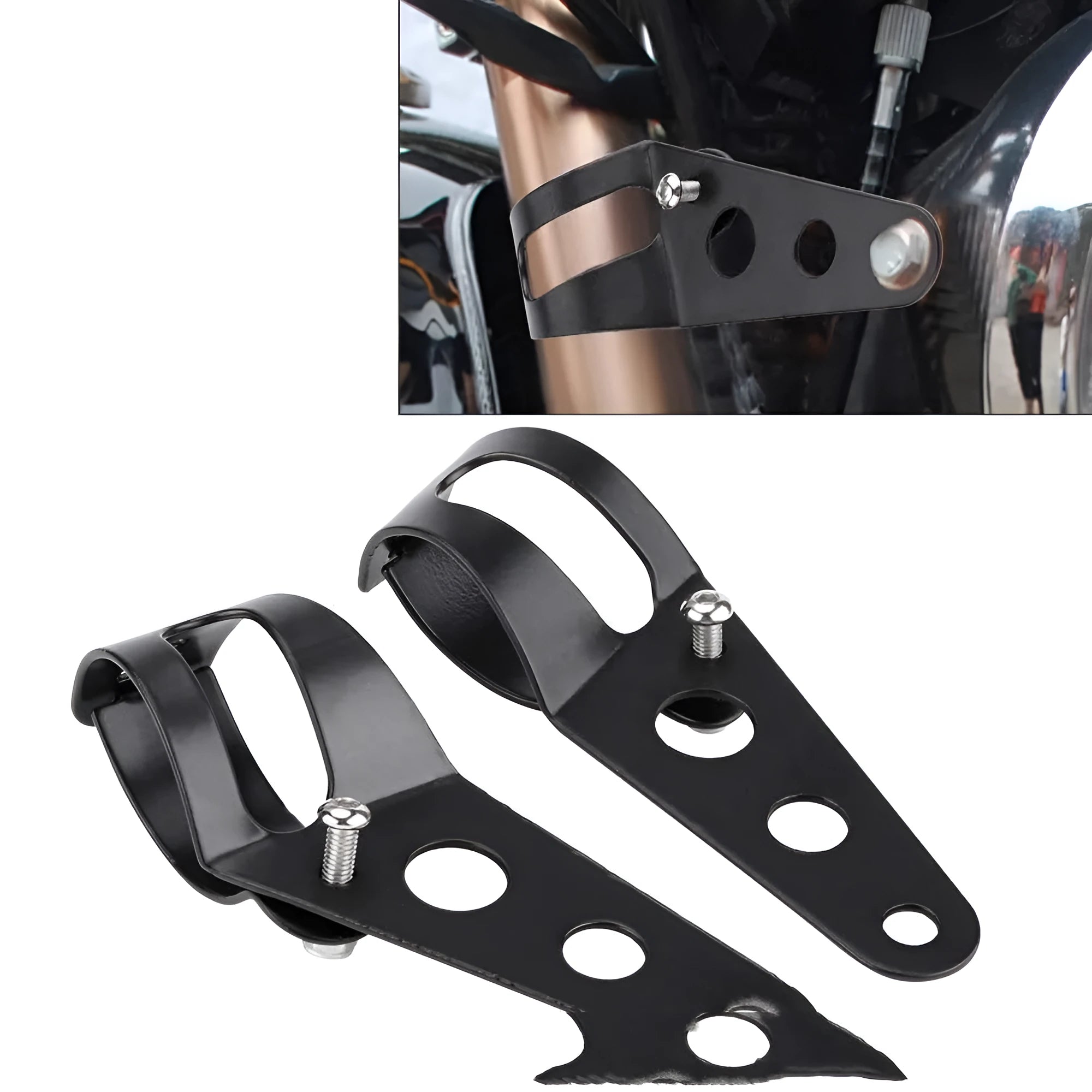 Pair of black iron motorcycle headlamp support brackets for retro modified headlight