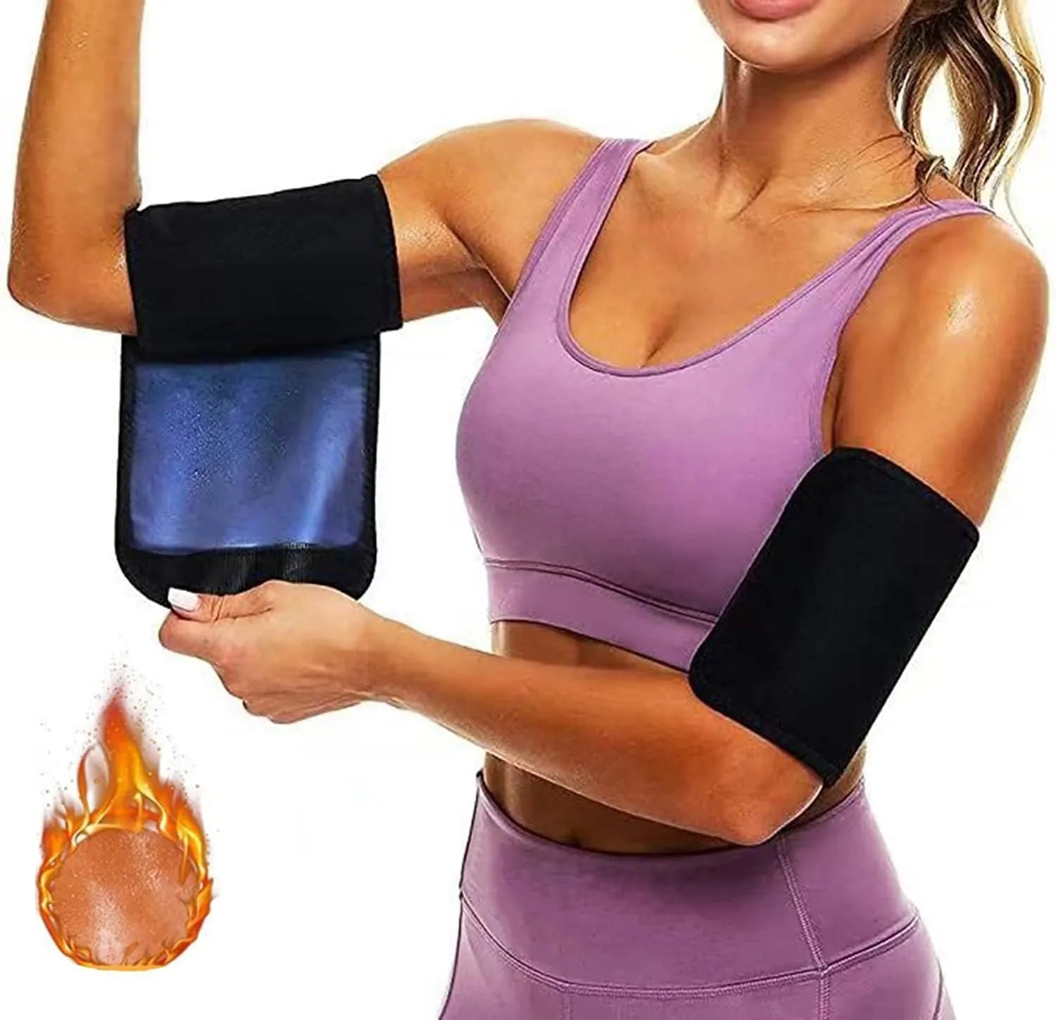 Blue and silver sports arm band sweatband shown with size tags for S/M, L/XL, XXL/3XL, and 4XL/5XL.