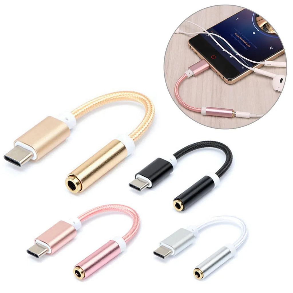 Close-up of a short black nylon Type-C to 3.5mm female headphone adapter cable.