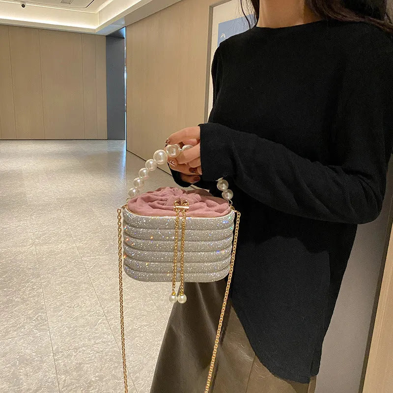 Round women's crossbody bag with pearl beading in European retro style