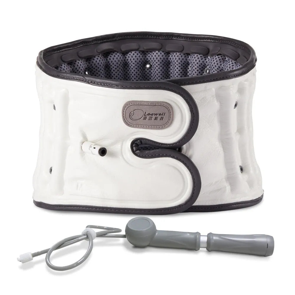 Lumbar waist supporter with automatic inflation for disc stretch correction, showing PU construction and UK power plug
