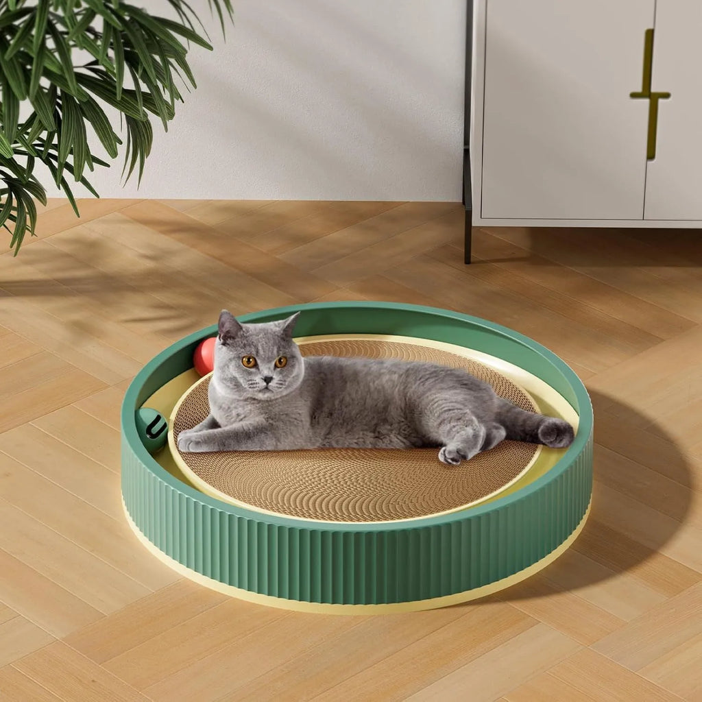 Large round cardboard cat scratching board with moving ball toys and replaceable core