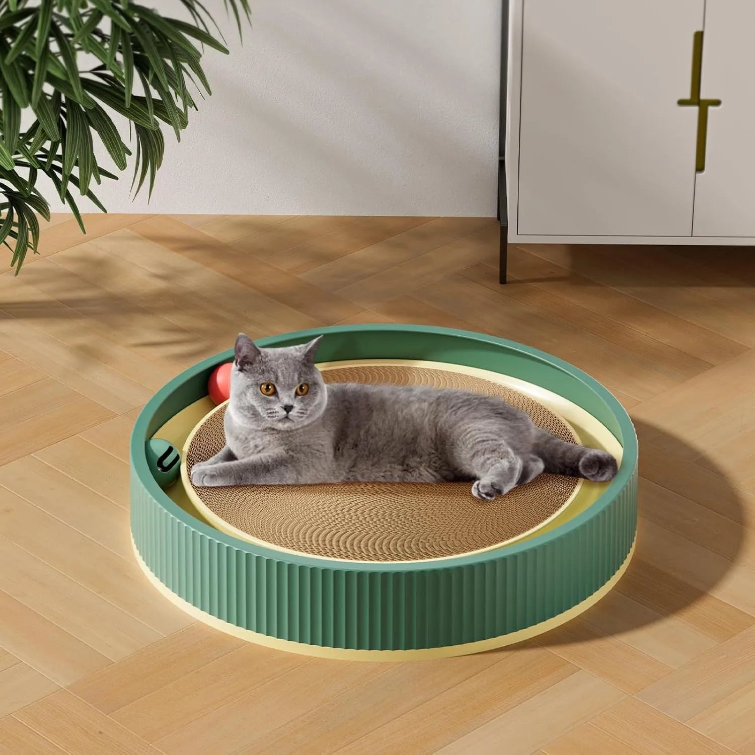 Large round cardboard cat scratching board with moving ball toys and replaceable core