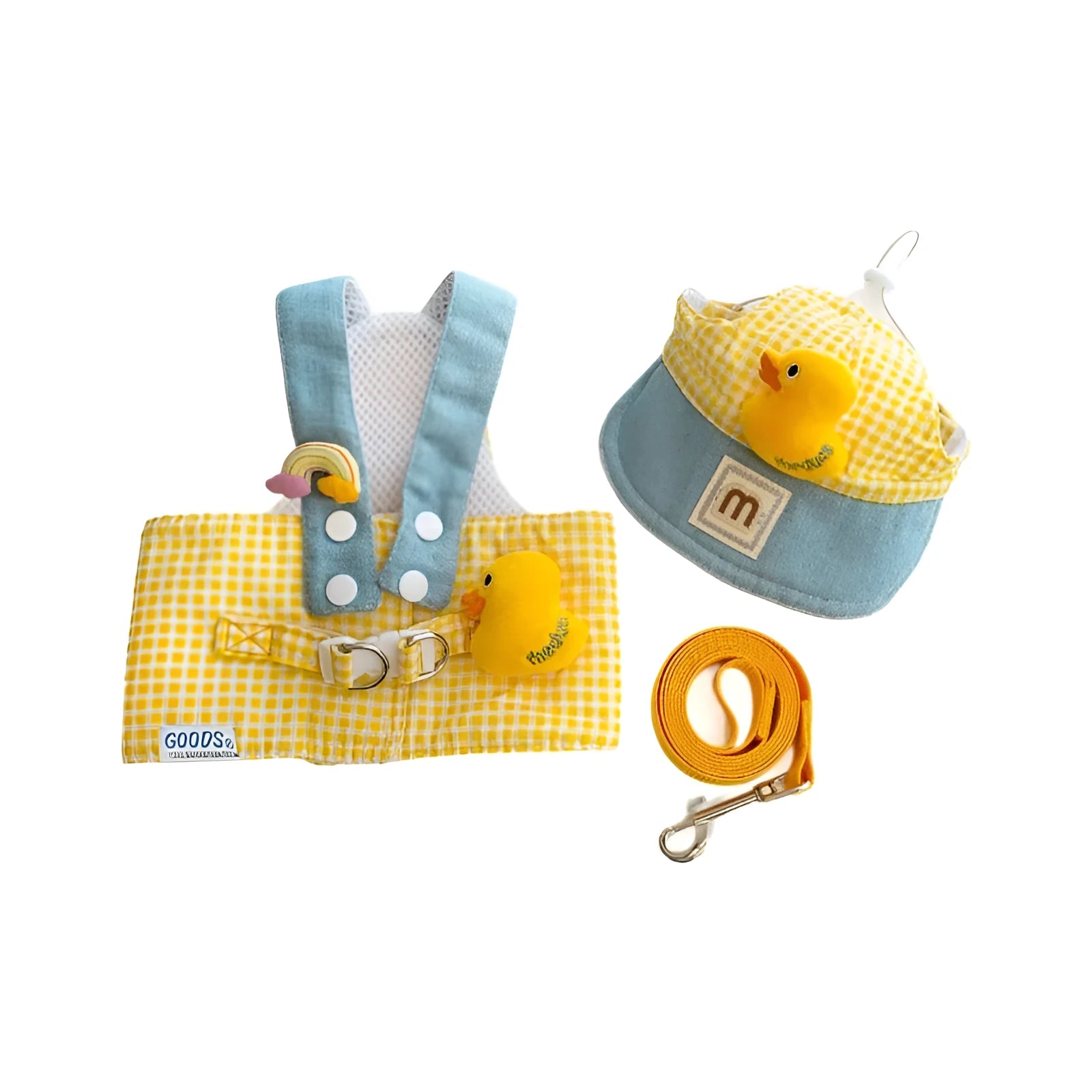 Colourful adjustable dog harness and wire rope leash set with a cute hat for spring summer pet outings.