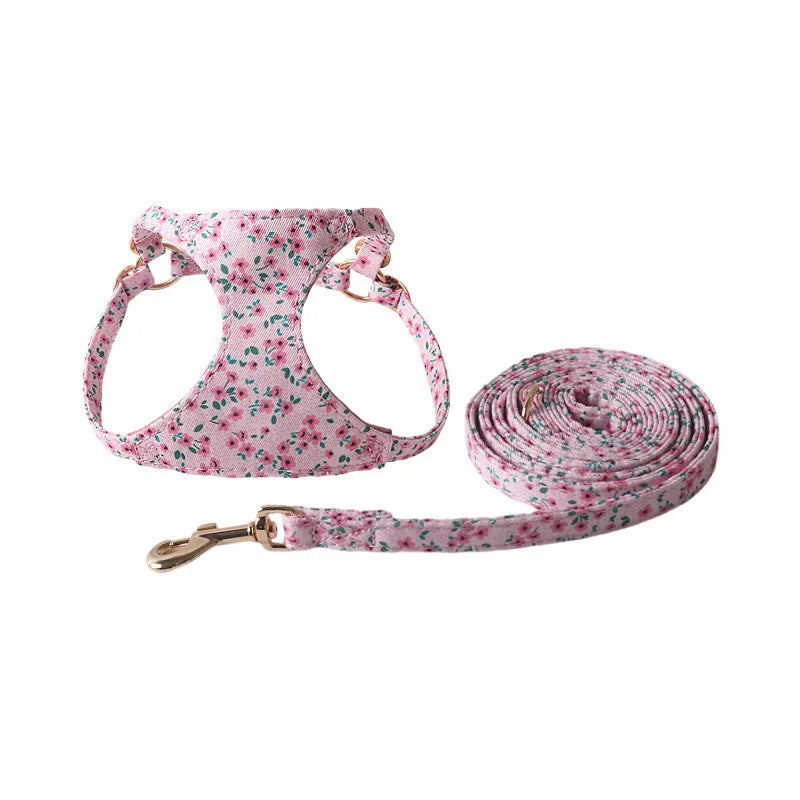 Floral patterned cloth dog harness and leash set in orange, purple, pink, black or white with red flowers design