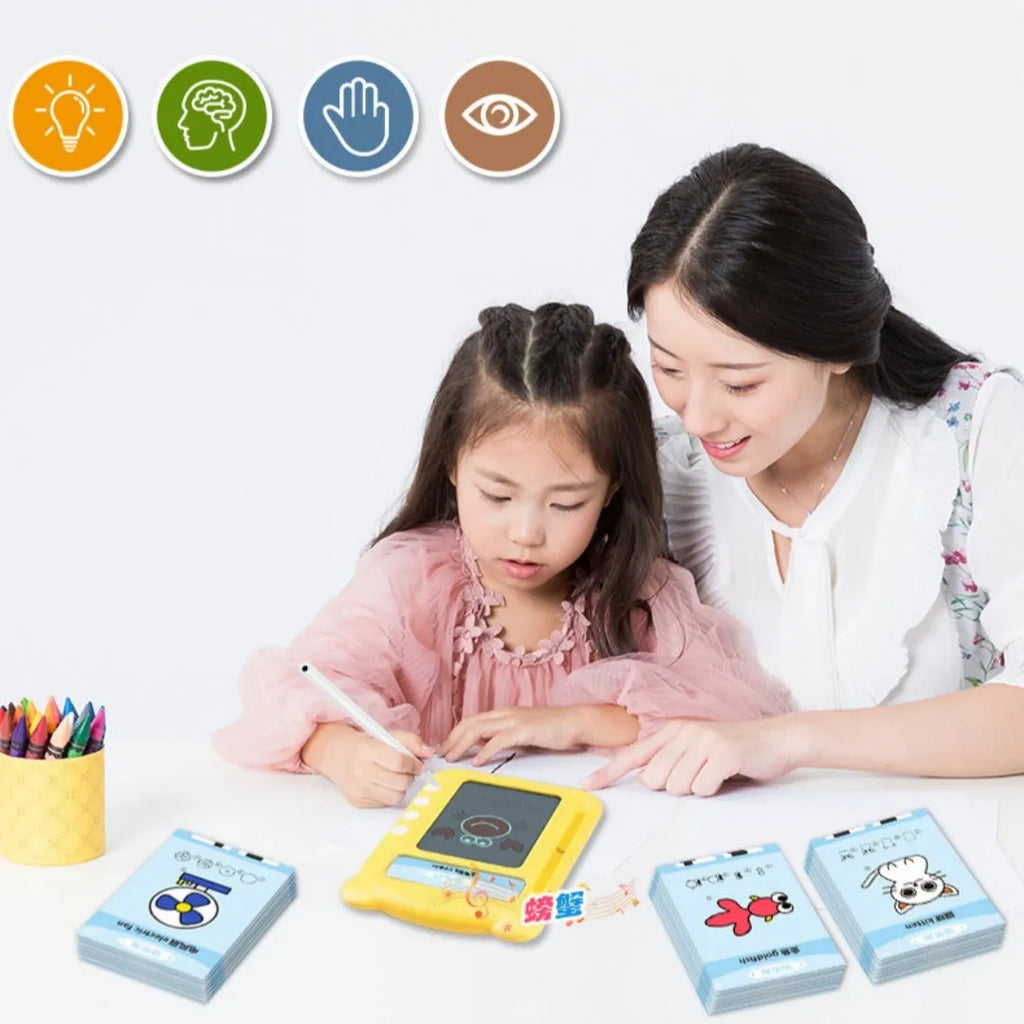 Yellow bilingual early education machine with educational cards for interactive learning