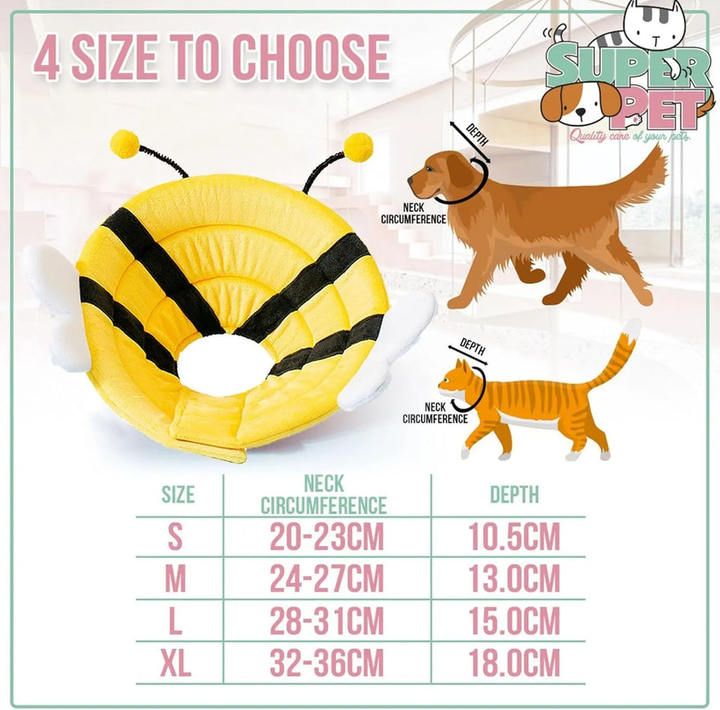 Soft cat cone collar with black and yellow bee design and Velcro strap.