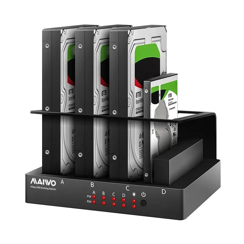 Four-bay external hard drive enclosure for 2.5-inch drives with cables and brackets