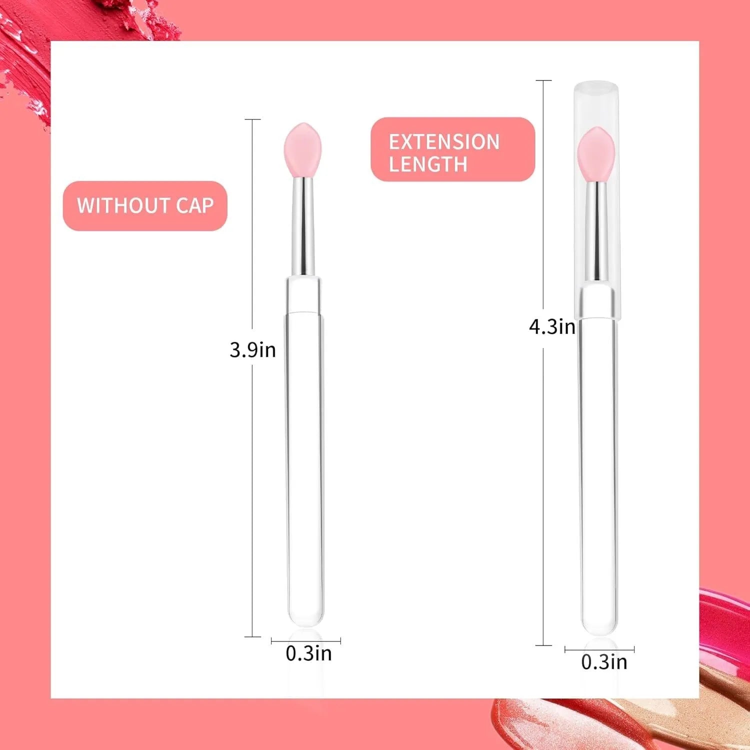 Set of eight coloured reusable silicone lip brushes with protective caps on a white background.