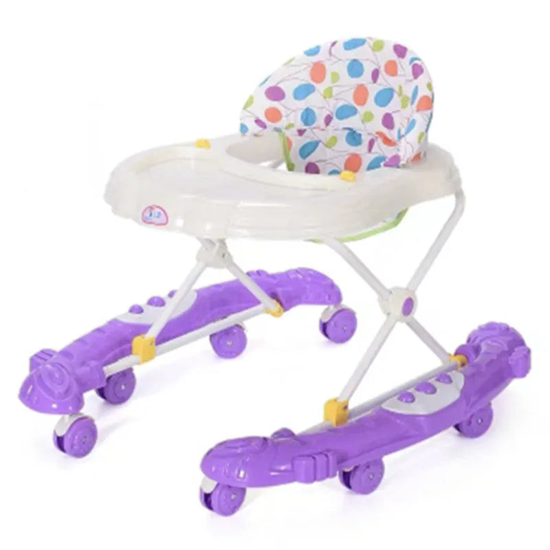 Blue plastic baby walker with anti-rollover base, music panel, and five height adjustment options for 6 to 12 months