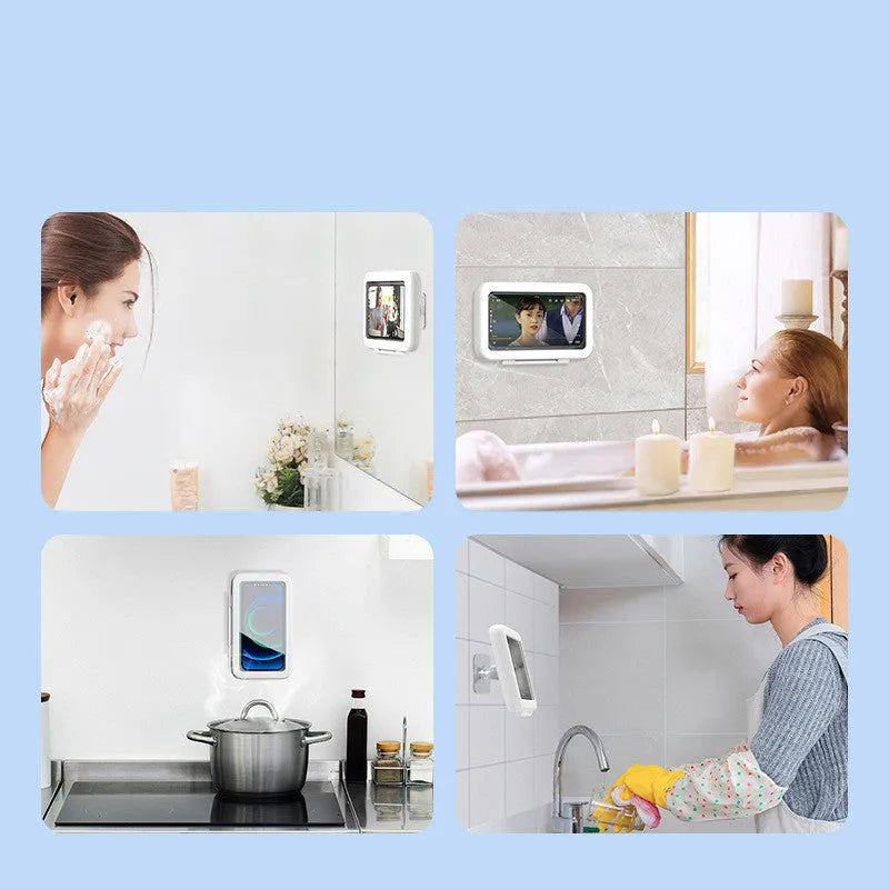 Bathroom waterproof phone case in Crescent White showing sealed touch screen and anti-fog window mounted on a tiled wall