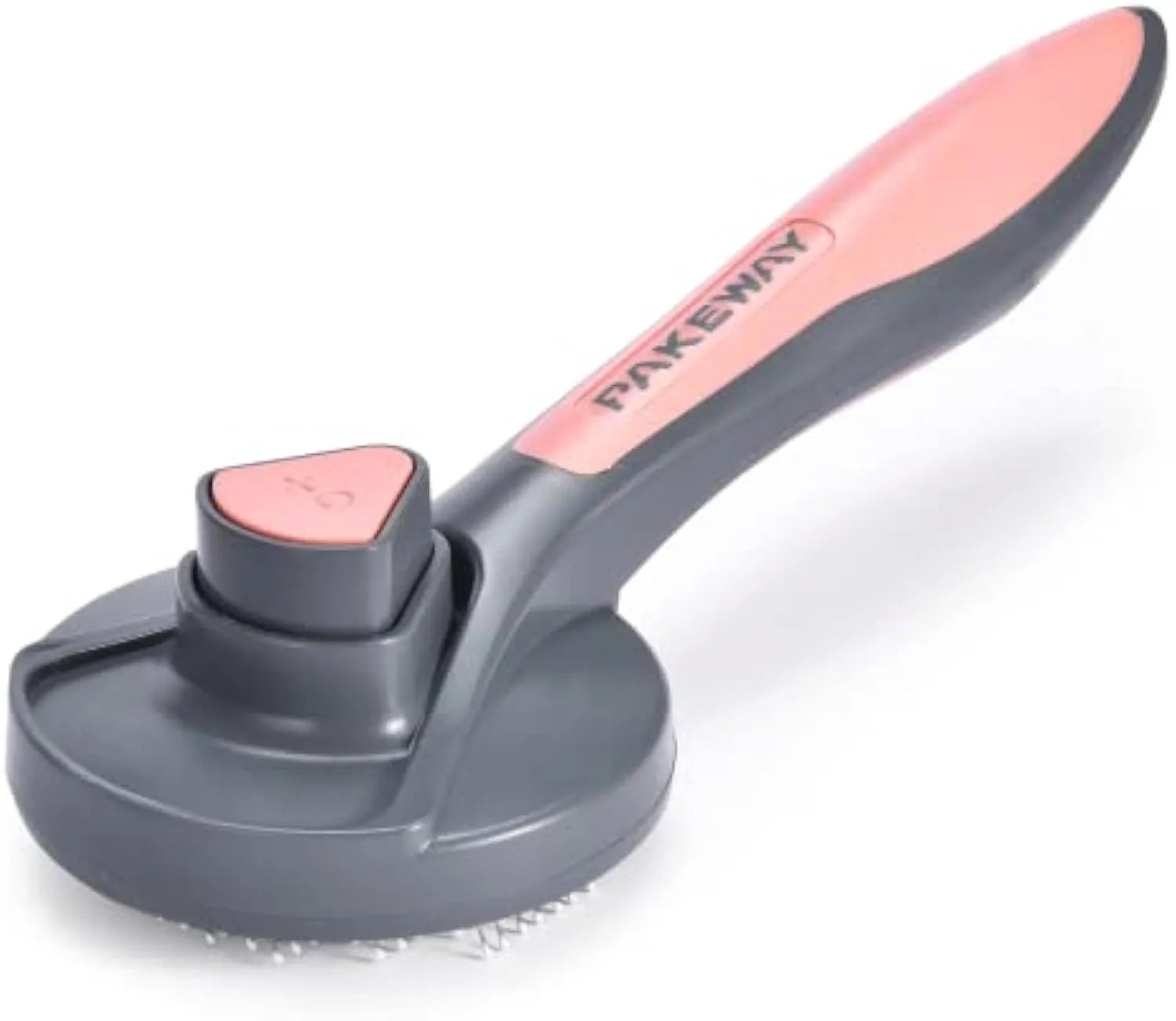 Self-cleaning slicker brush for pets in grey, green, or pink with comfort-grip handle and massage-tip bristles