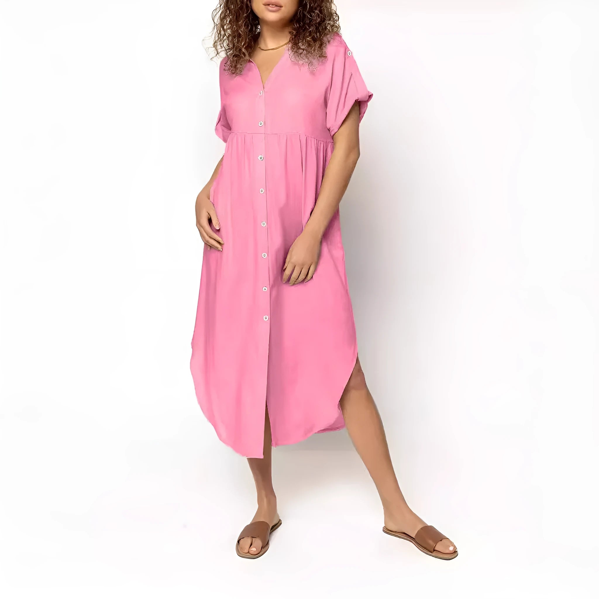 Loose fit casual dress with button front in mid-length design available in multiple solid colours