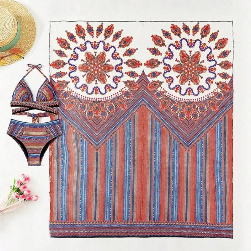 Women's three-piece swimsuit set showing high-waist briefs, sleeveless cutout blouse, and matching coat in picture colour