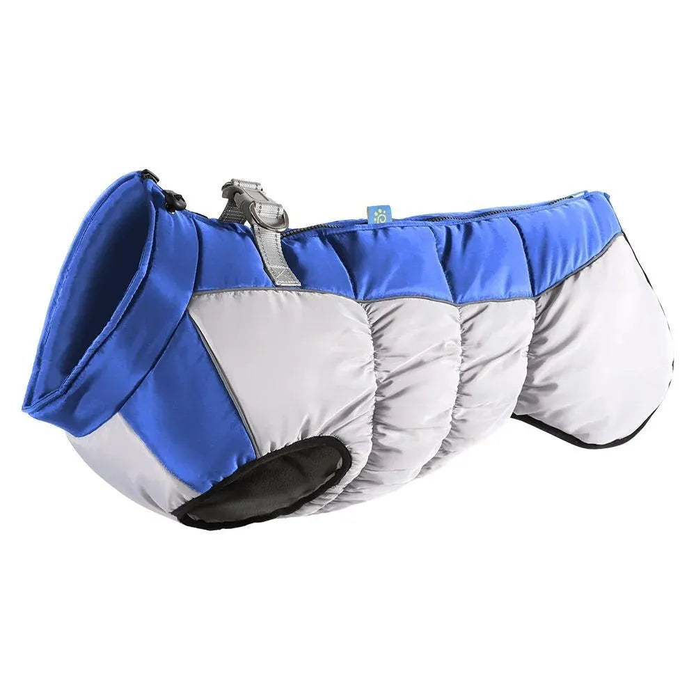 Waterproof dog jacket with built-in harness for large breed winter walks, available in multiple sizes and colours