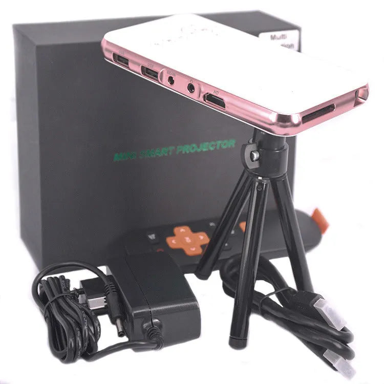 White and rose gold M6S miniature portable DLP Android projector with smart phone.