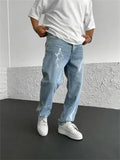 Men's blue straight-leg denim trousers with mid waist and zipper fly on neutral background