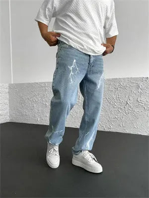 Men's blue straight-leg denim trousers with mid waist and zipper fly on neutral background