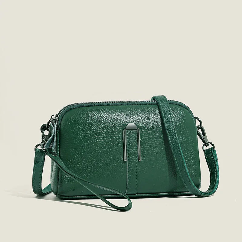 Genuine leather women's shoulder bag in horizontal square shape, shown in one of five colour options.