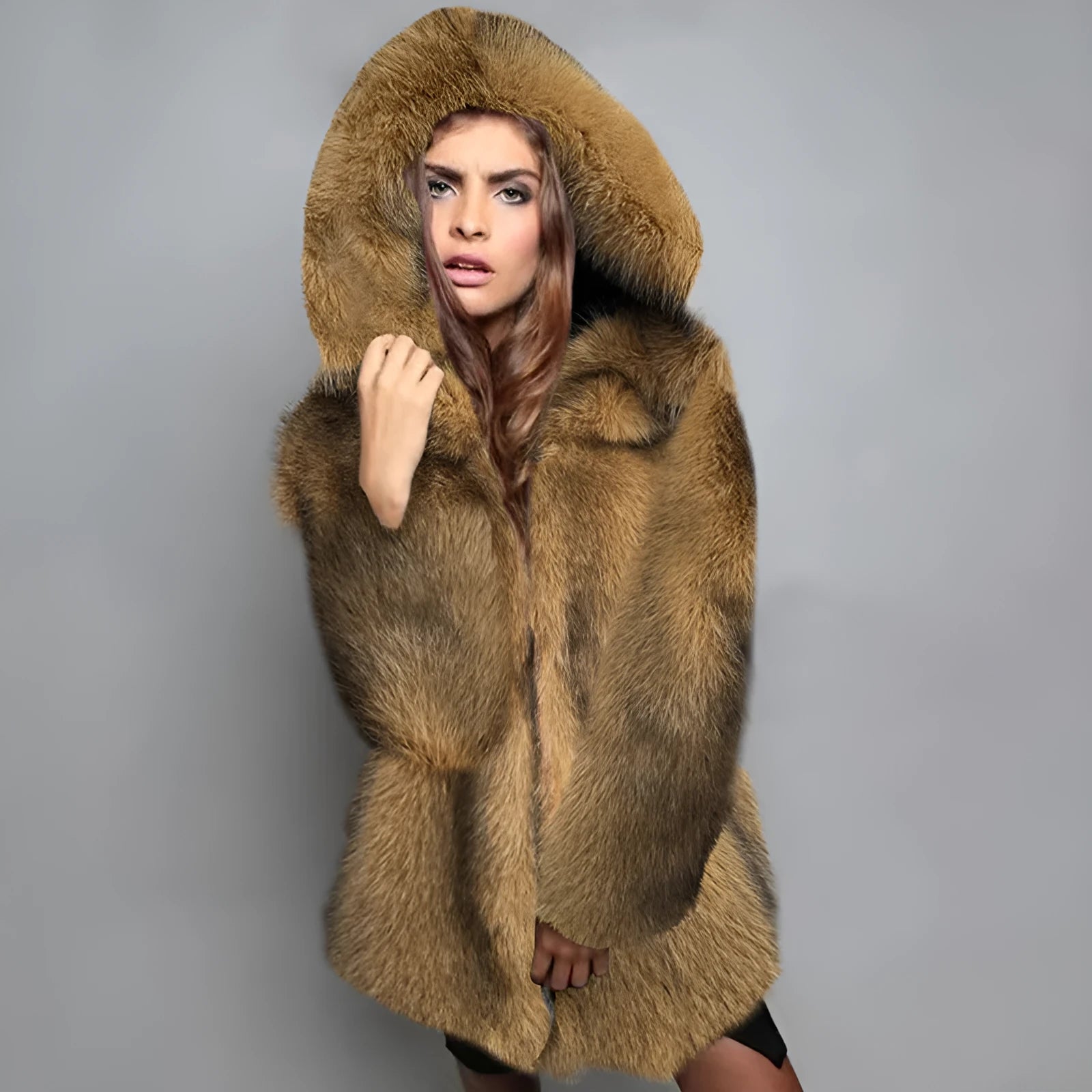 Women's loose artificial fur coat in silver grey colour with medium 65cm length