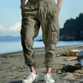 Men's linen casual trousers with ankle-tied legs and multi-pockets in Army Green colour
