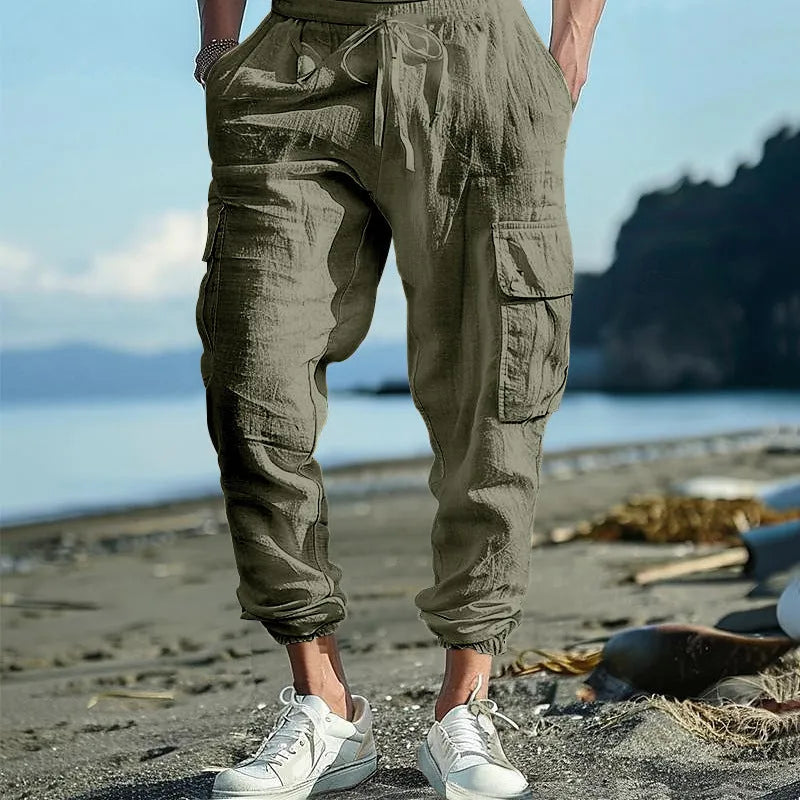 Men's linen casual trousers with ankle-tied legs and multi-pockets in Army Green colour