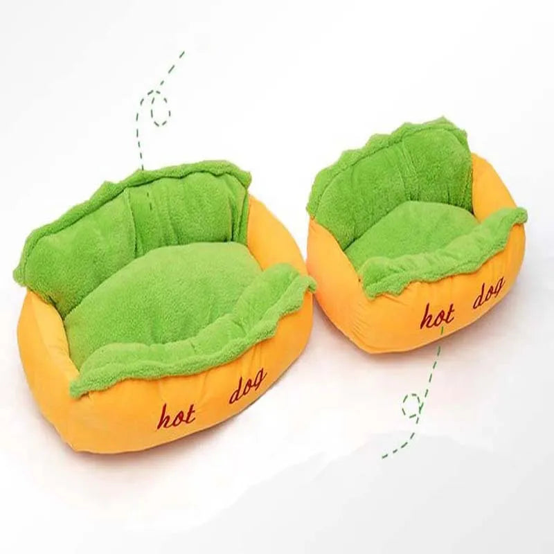 Sofa-style hot dog pet bed with raised sides and a removable cushion in a coffee colour.