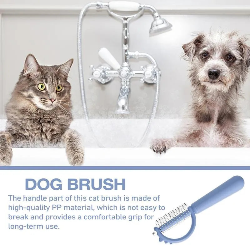 Blue dinosaur-shaped self-cleaning cat brush with double-sided slicker head.