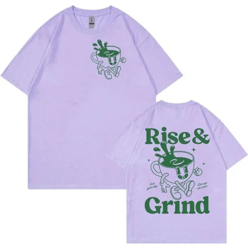 Men's linen t-shirt with Rise And Grind Green Coffee cartoon bag design in loose fit