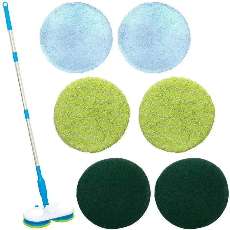 Wireless electric floor mop with USB charging port and multiple cleaning pads including microfiber, scrubbing, and polishing types