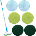 Wireless electric floor mop with USB charging port and multiple cleaning pads including microfiber, scrubbing, and polishing types