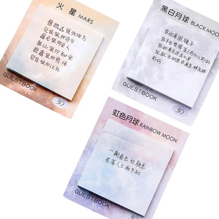 Square planet sticky notes with oil painting designs of Moon, Earth, Mars measuring 7.3cm