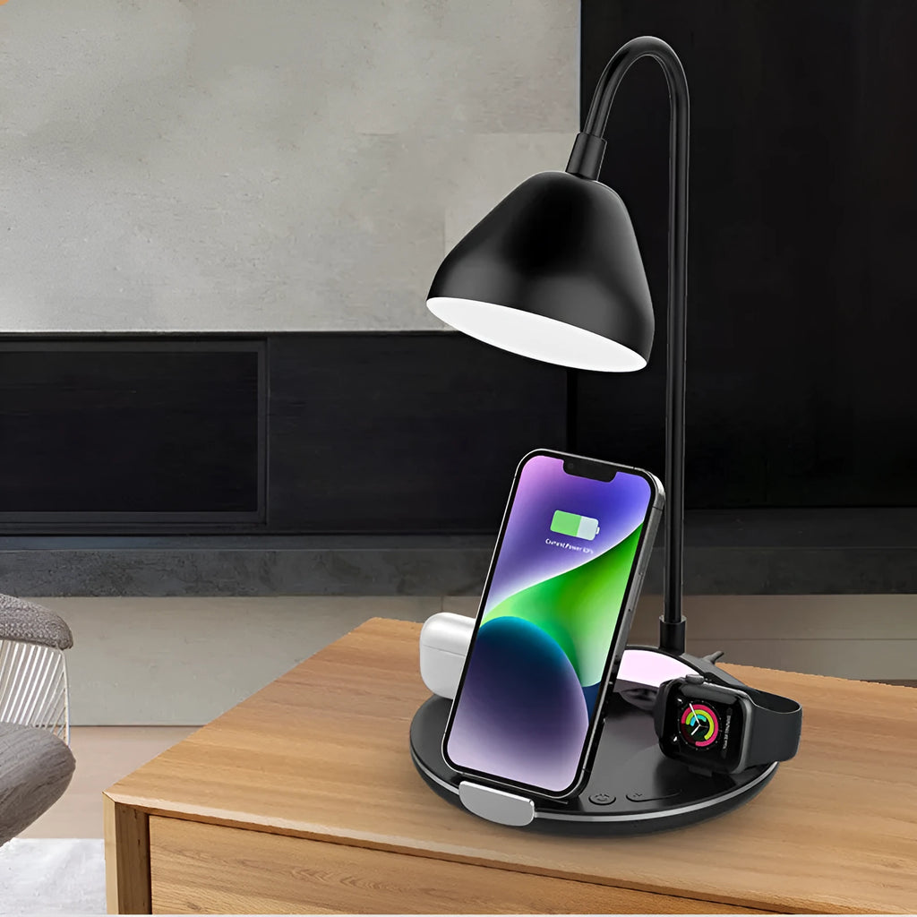 Black magnetic folding wireless charger with stand function showing folded and unfolded positions