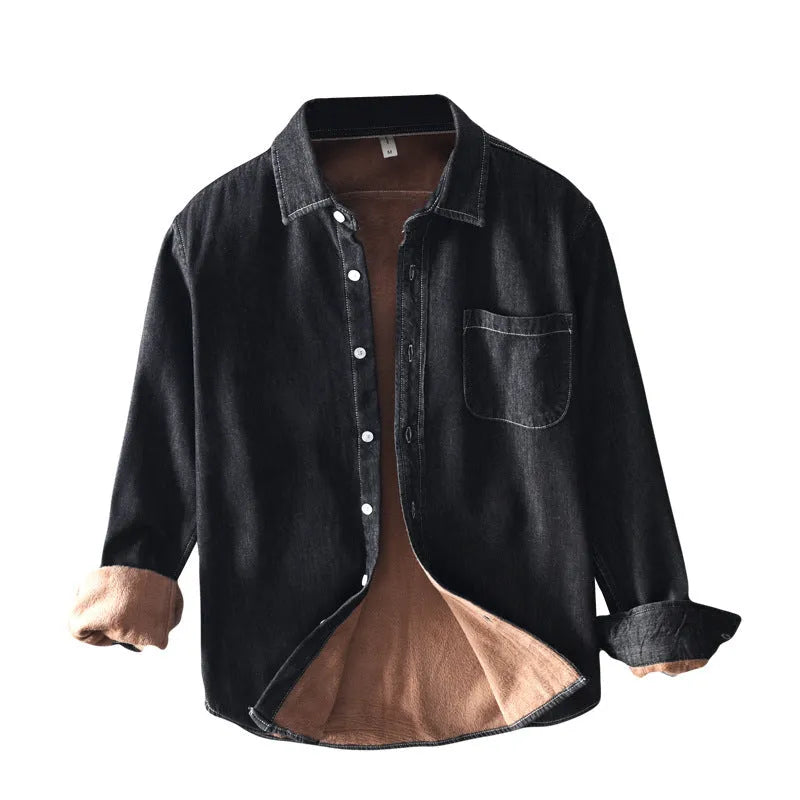 Plush denim cotton long sleeved shirt jacket in blue with lapel collar and pocket