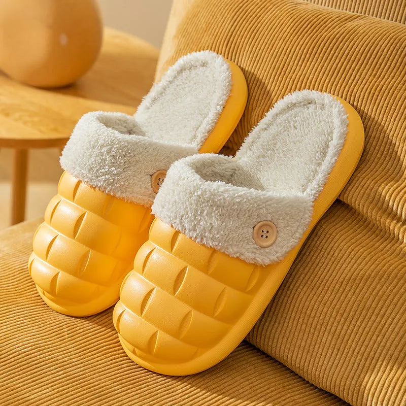 Pink detachable EVA slippers with plush lining and a flat, round-toe design for women.