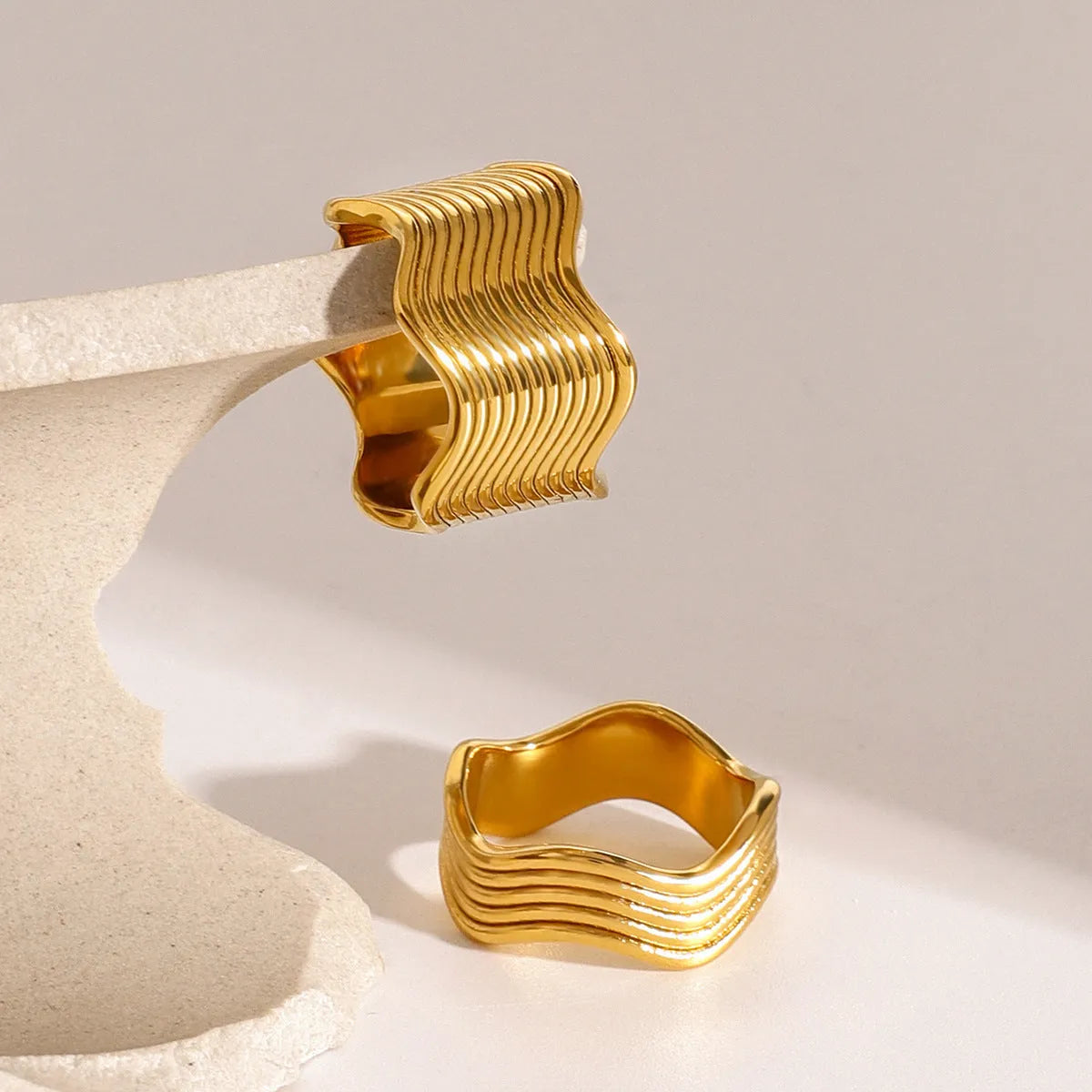 Geometric wave design stainless steel ring with wide surface and electroplated finish